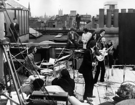The Beatles performing their last live public concert on the rooftop of the Apple building for Let It Be, on Savile Row in London on January 30th, 1969.
